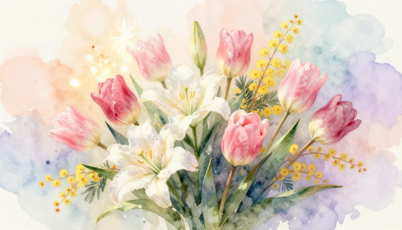 A delicate watercolor painting of a lush spring bouquet feat...