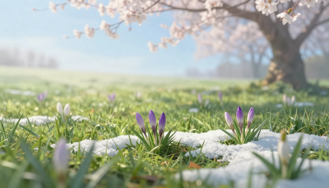 A delicate painting of a lush meadow at dawn during early sp...