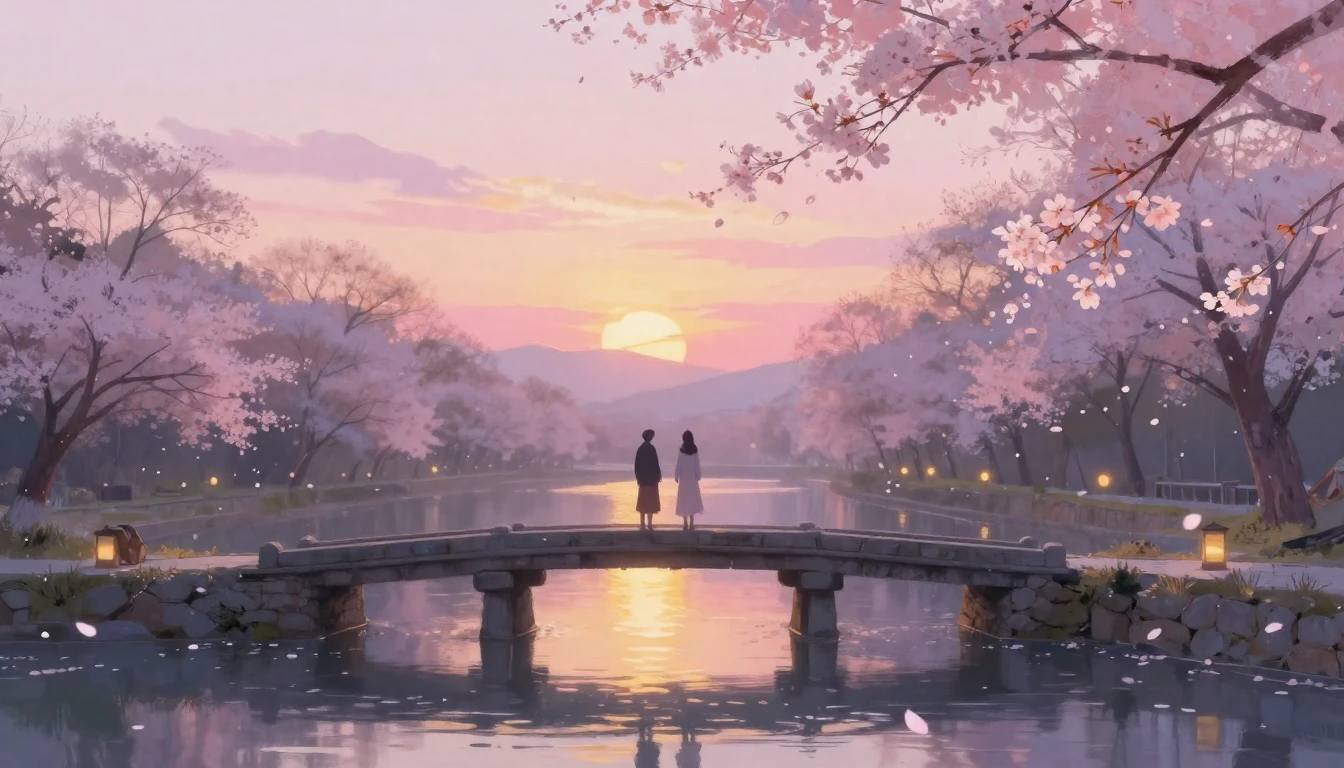 A dreamy and ethereal scene of two silhouettes standing on a...