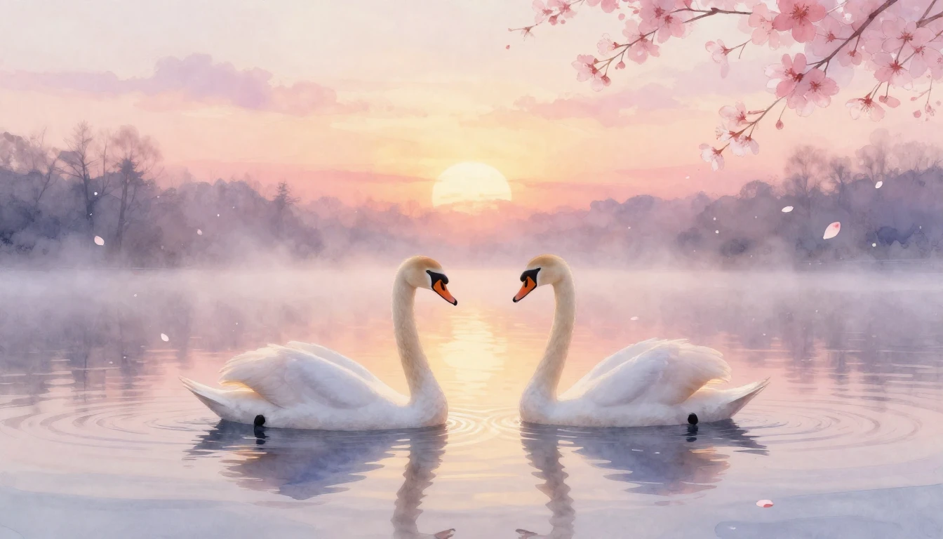 A dreamy watercolor painting of two elegant swans gliding on...