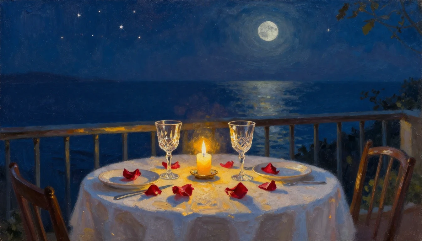 An evocative oil painting of a candlelit table set for two o...