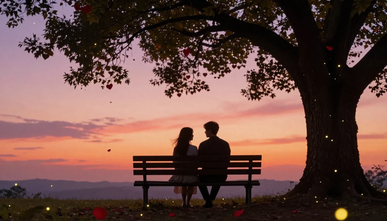 A romantic scene depicting a silhouette of a couple sitting ...