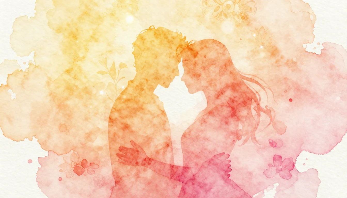 A beautiful watercolor painting depicting two stylized, abst...