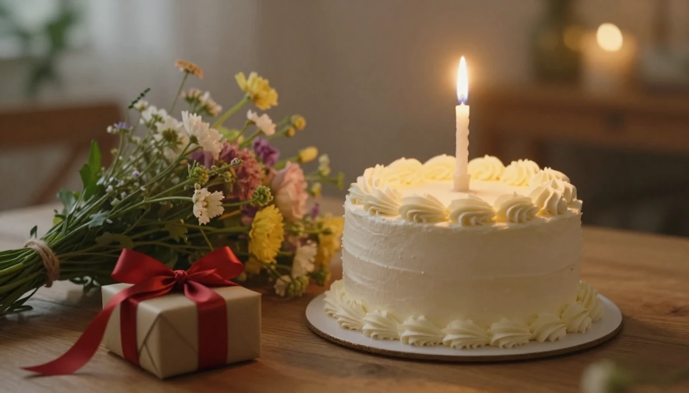 A romantic and warm birthday setting, close up on a beautifu...