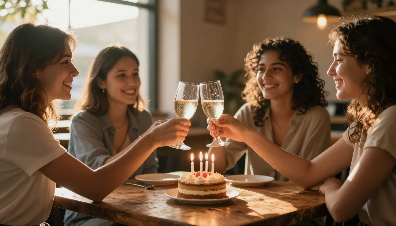 A heartwarming scene of best friends clinking glasses in a c...