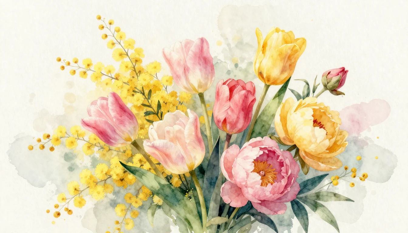 A beautiful watercolor painting of a vibrant bouquet of spri...