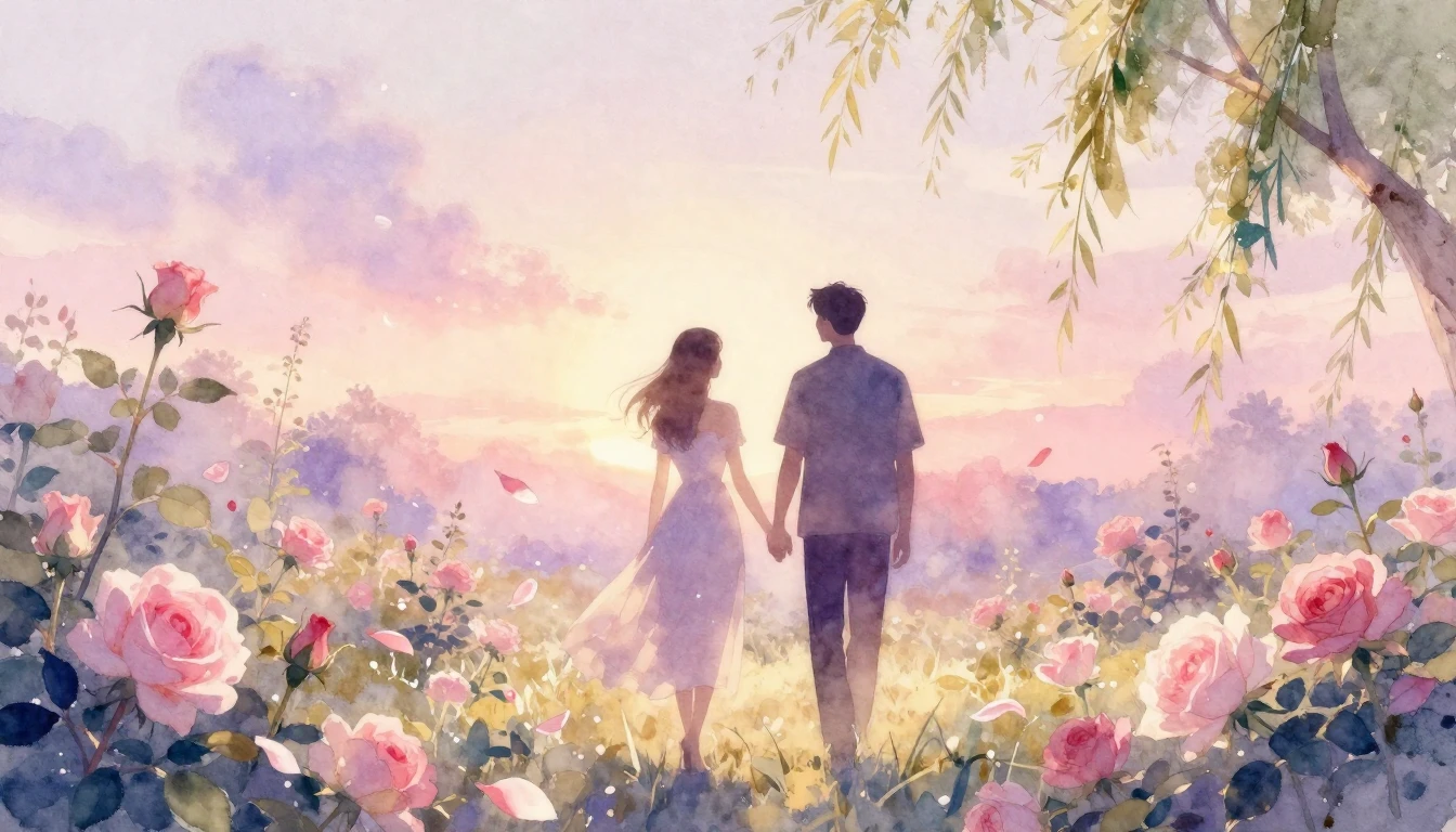 A delicate watercolor painting of two silhouettes walking ha...