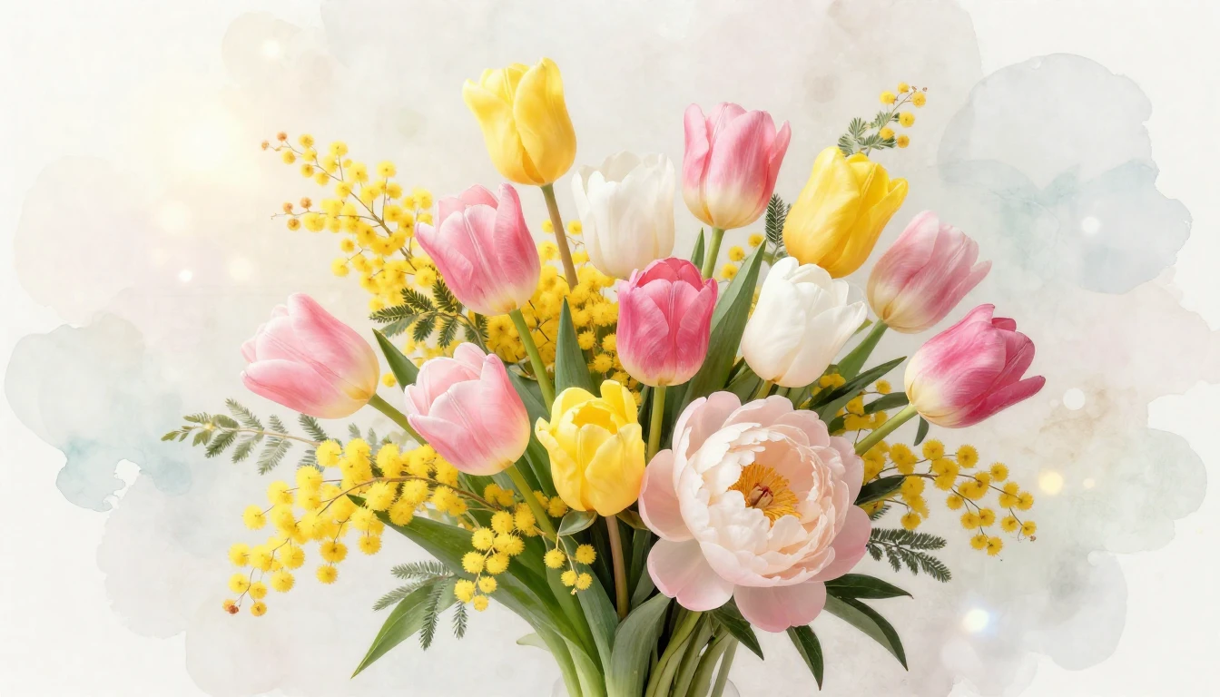 A beautiful bouquet of blooming spring flowers including tul...