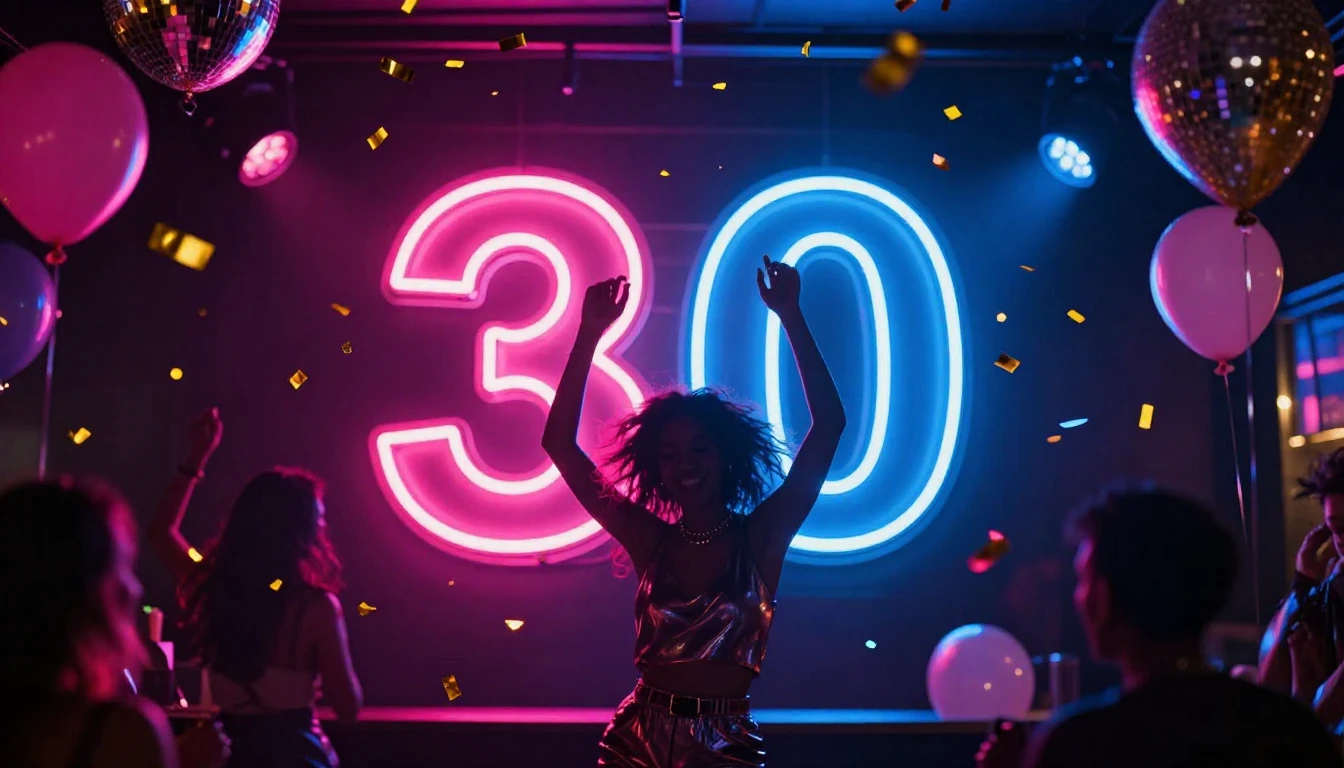 A vibrant and energetic party scene celebrating a 30th birth...
