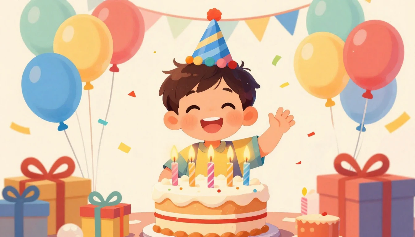 A bright and colorful illustration of a happy 5-year-old boy...