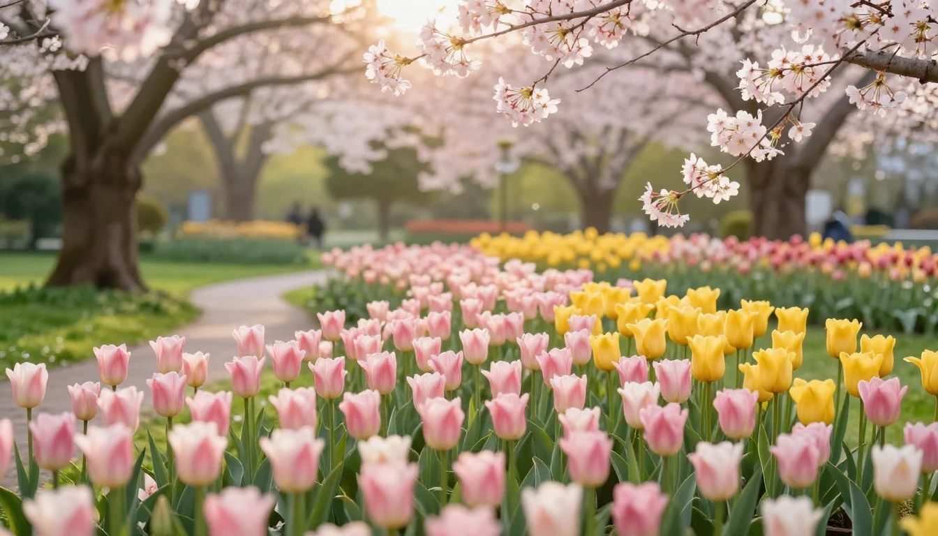 A breathtaking spring landscape filled with blooming tulips ...