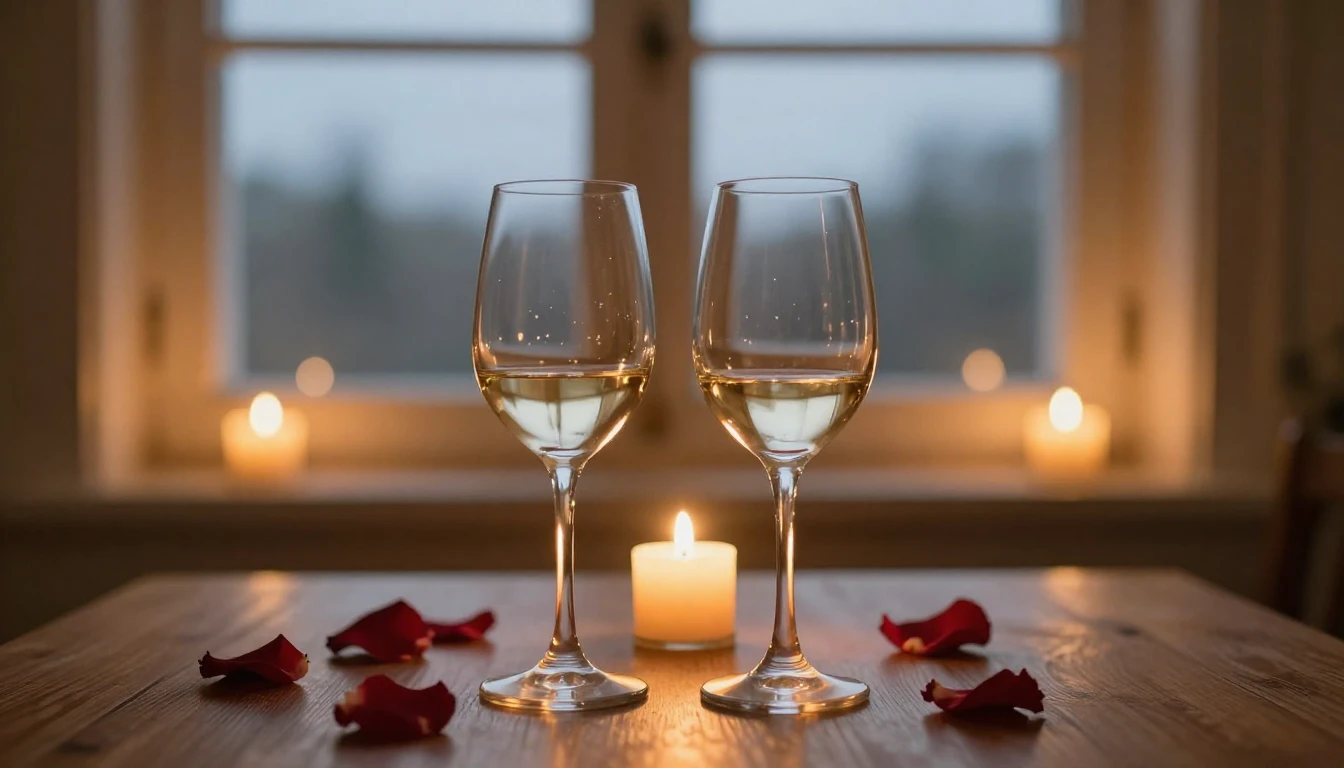 A serene and romantic scene featuring two elegant wine glass...