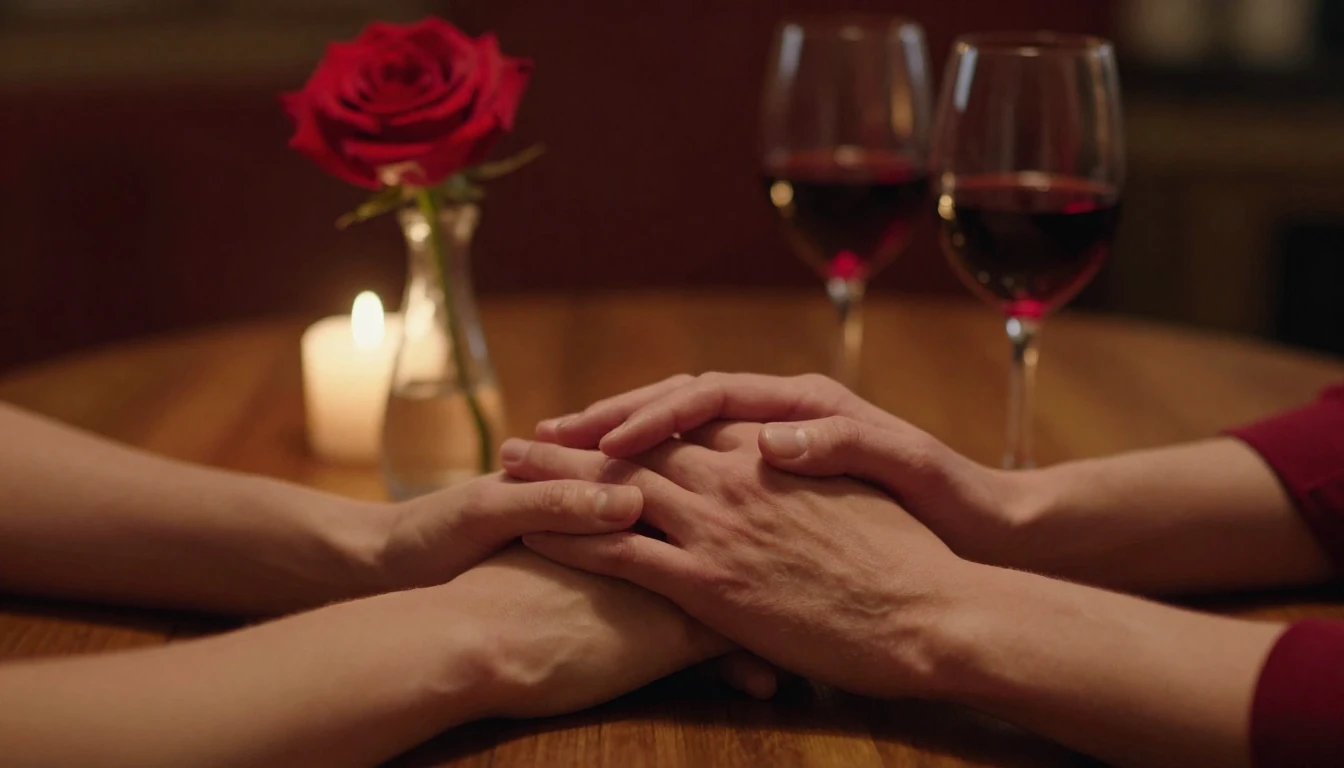 A cinematic close-up shot of two hands gently intertwined re...