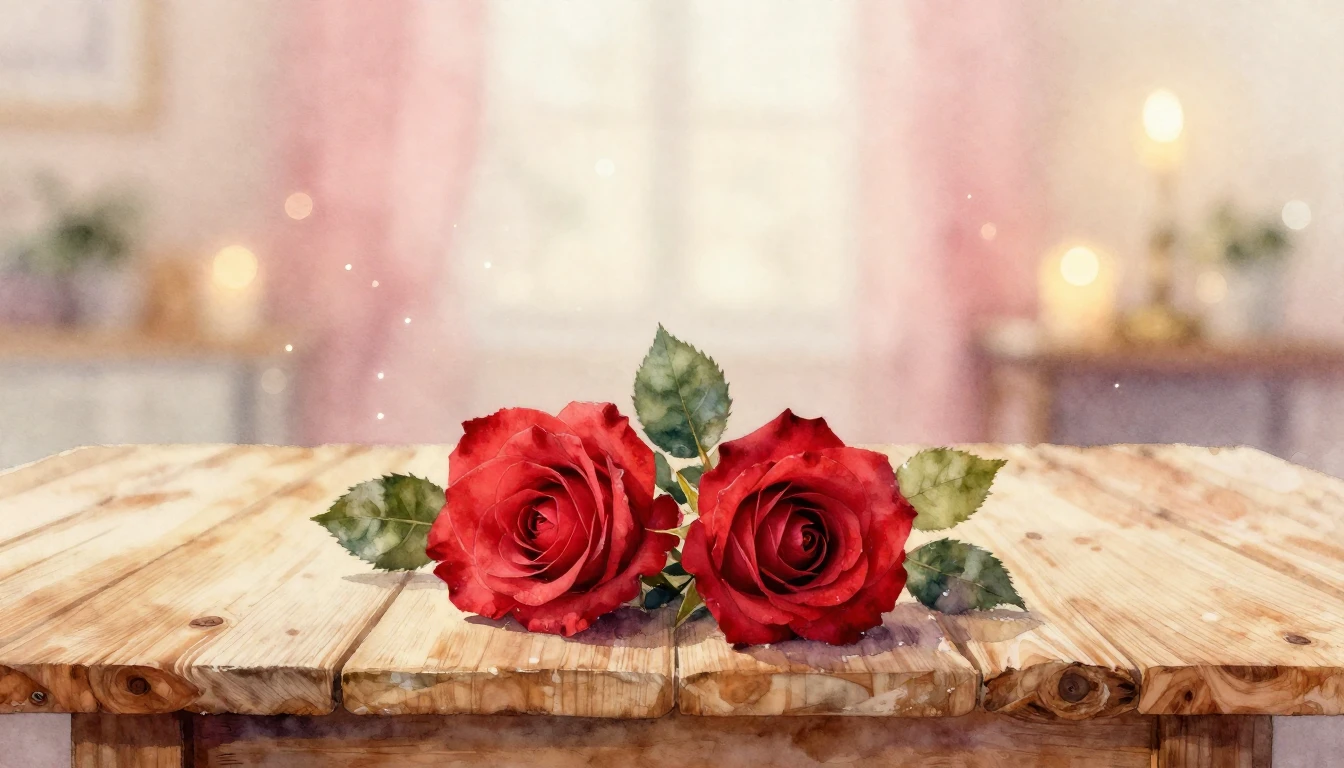A soft watercolor painting of two delicate red roses intertw...