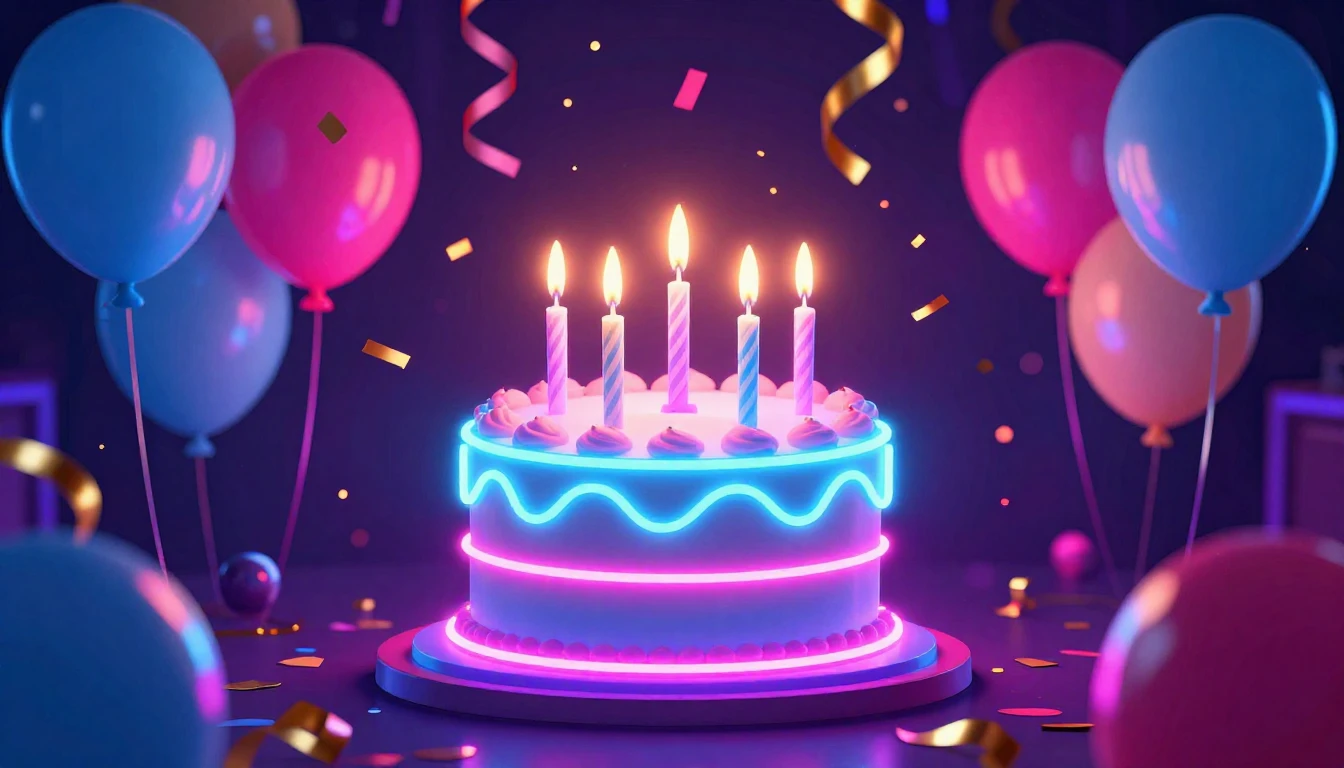A vibrant and festive birthday concept art featuring a glowi...