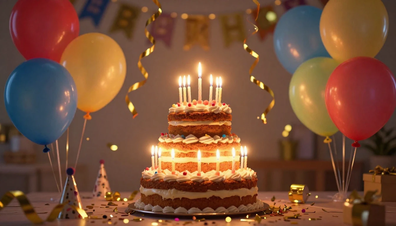 A vibrant and festive birthday celebration scene featuring a...