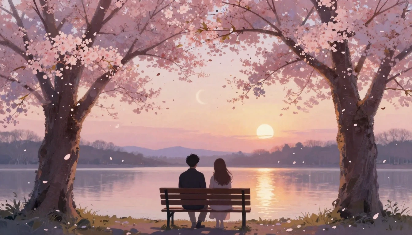 A dreamy and romantic scene of two silhouettes sitting on a ...