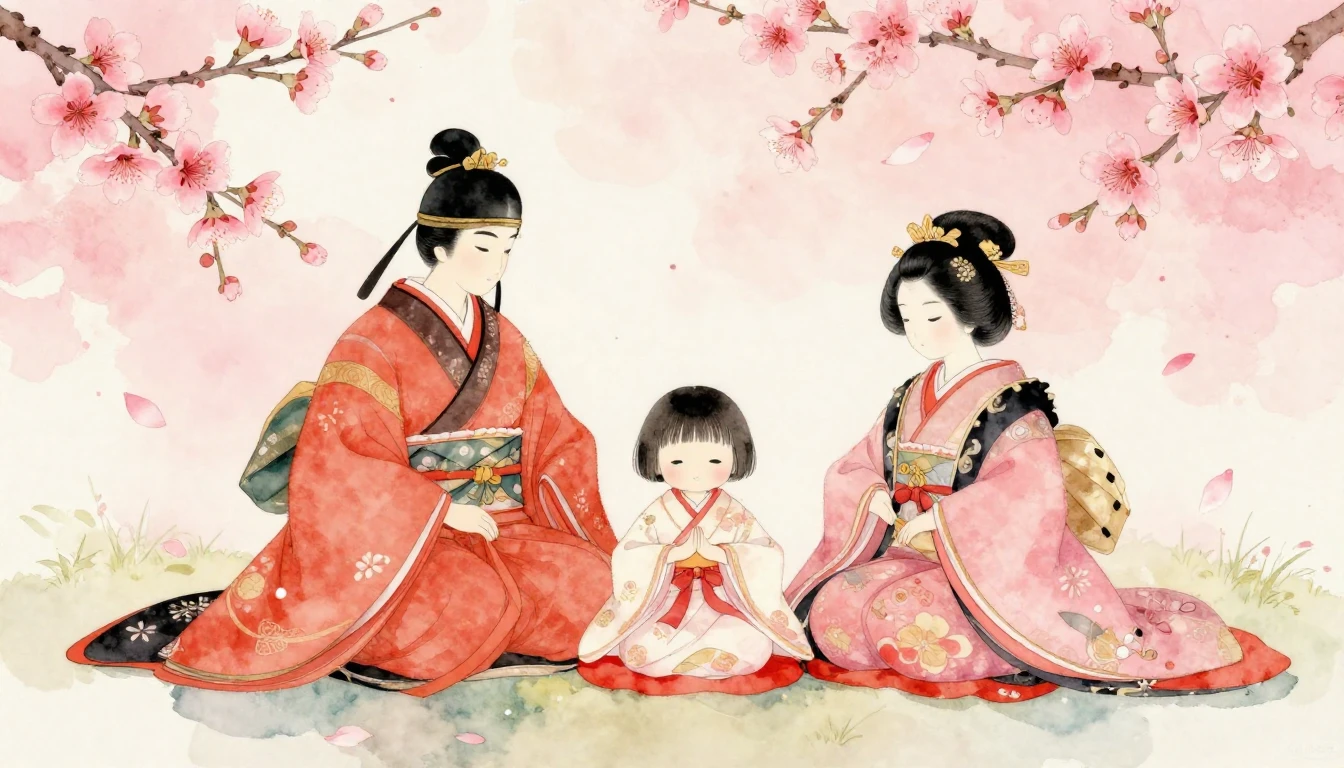 A delicate watercolor painting of traditional Japanese Hina ...