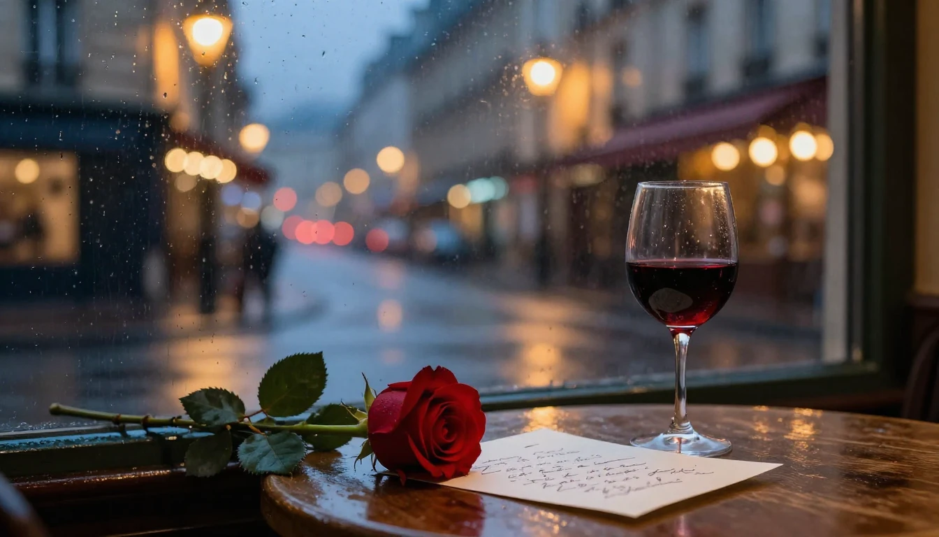 A romantic scene in a rainy Parisian street at night, viewed...