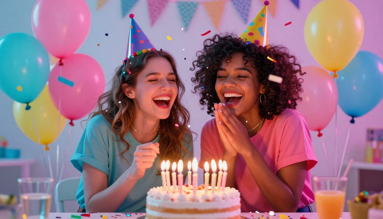 A vibrant and colorful birthday party scene focusing on two ...