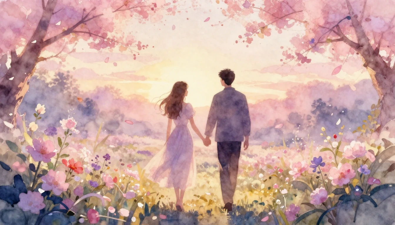 A dreamy watercolor painting of two silhouettes walking hand...