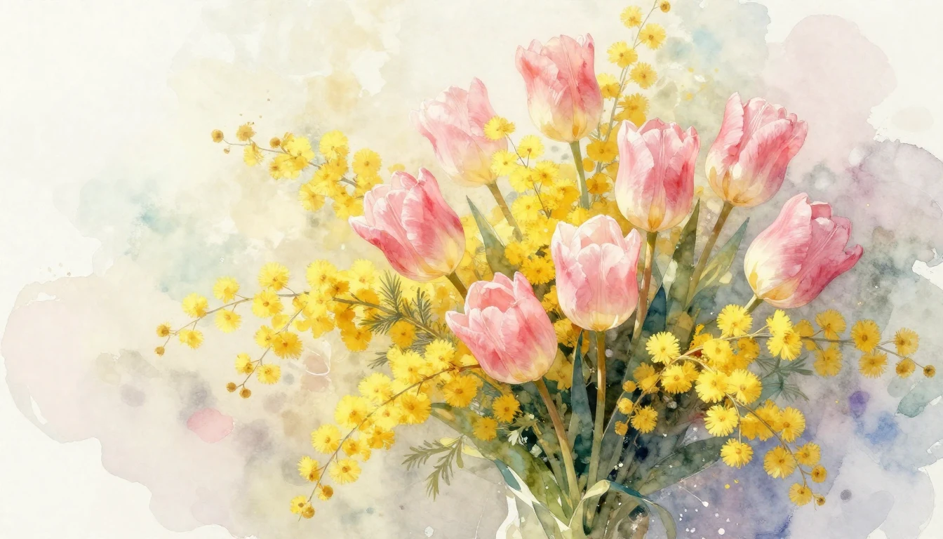 A delicate watercolor painting featuring a lush bouquet of y...