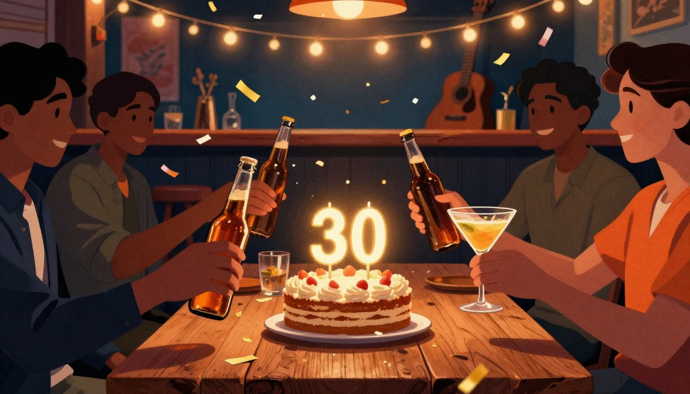 A festive and stylish 30th birthday celebration scene, digit...