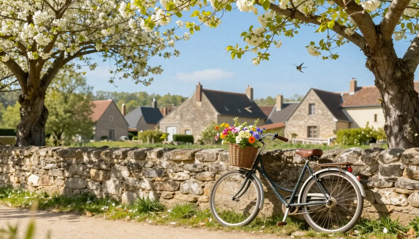 A beautiful sunny spring day in a quaint French village, blo...