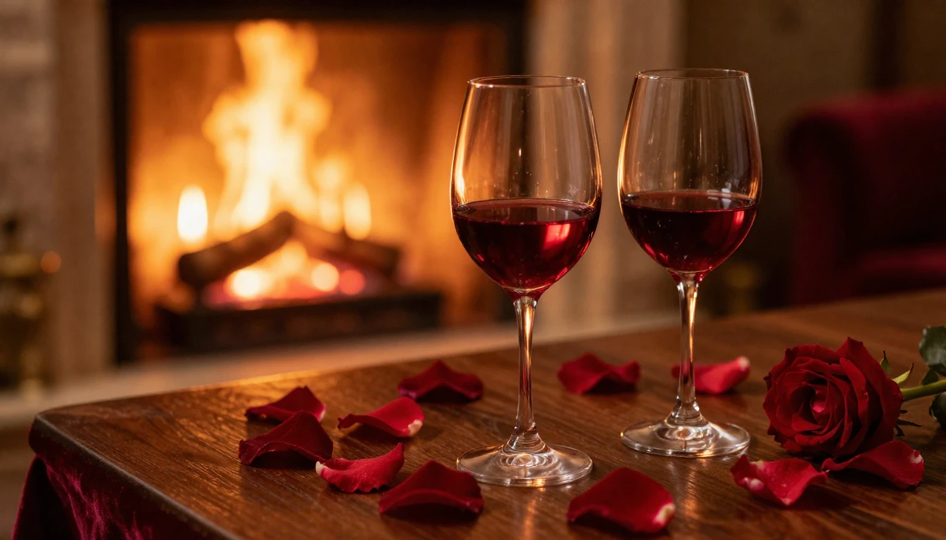 A lush and romantic scene featuring two elegant wine glasses...