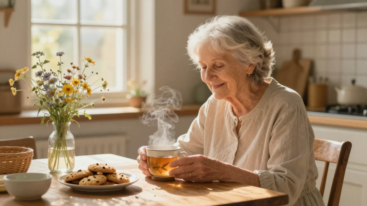 A warm, heartwarming scene depicting an elderly kind grandmo...