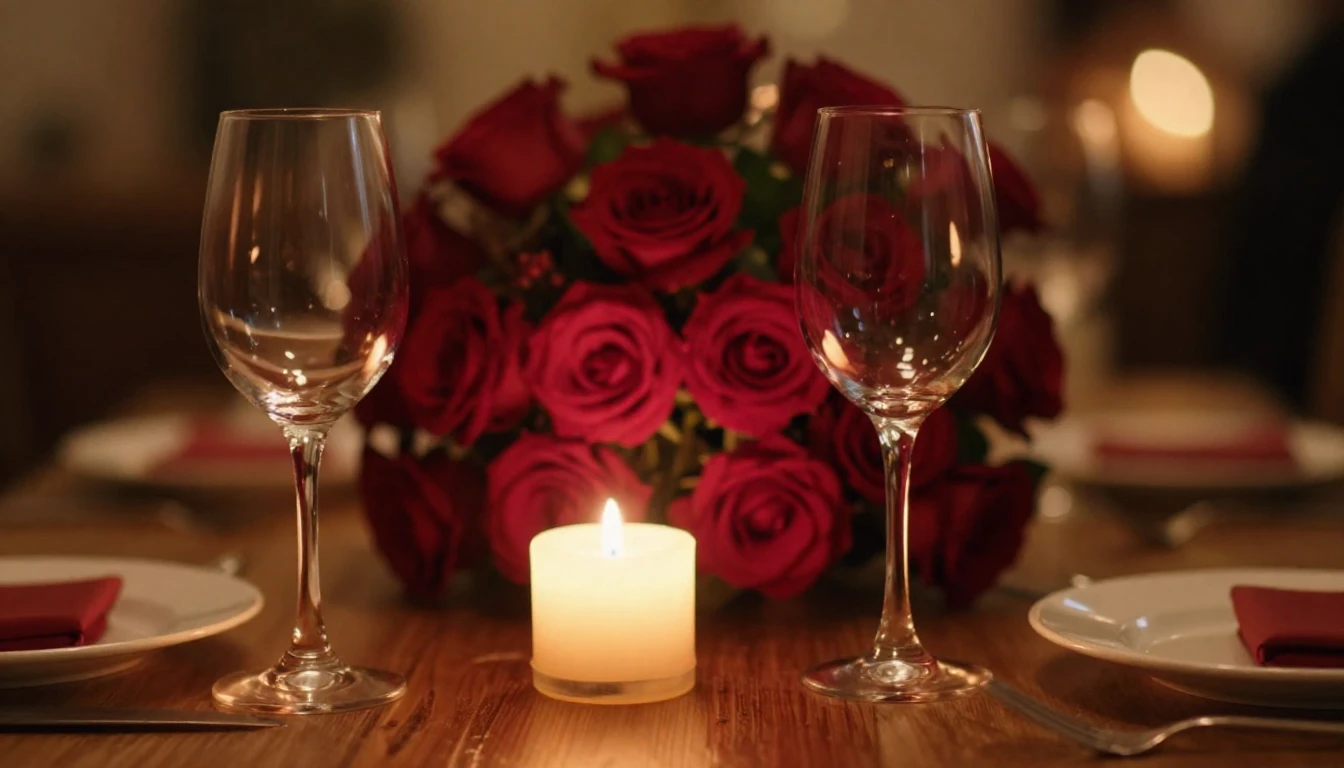 A cinematic close-up of a beautifully set table for two. Two...