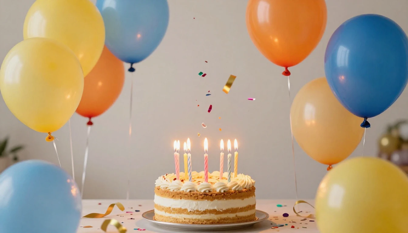 A festive birthday celebration scene, bright and colorful, w...