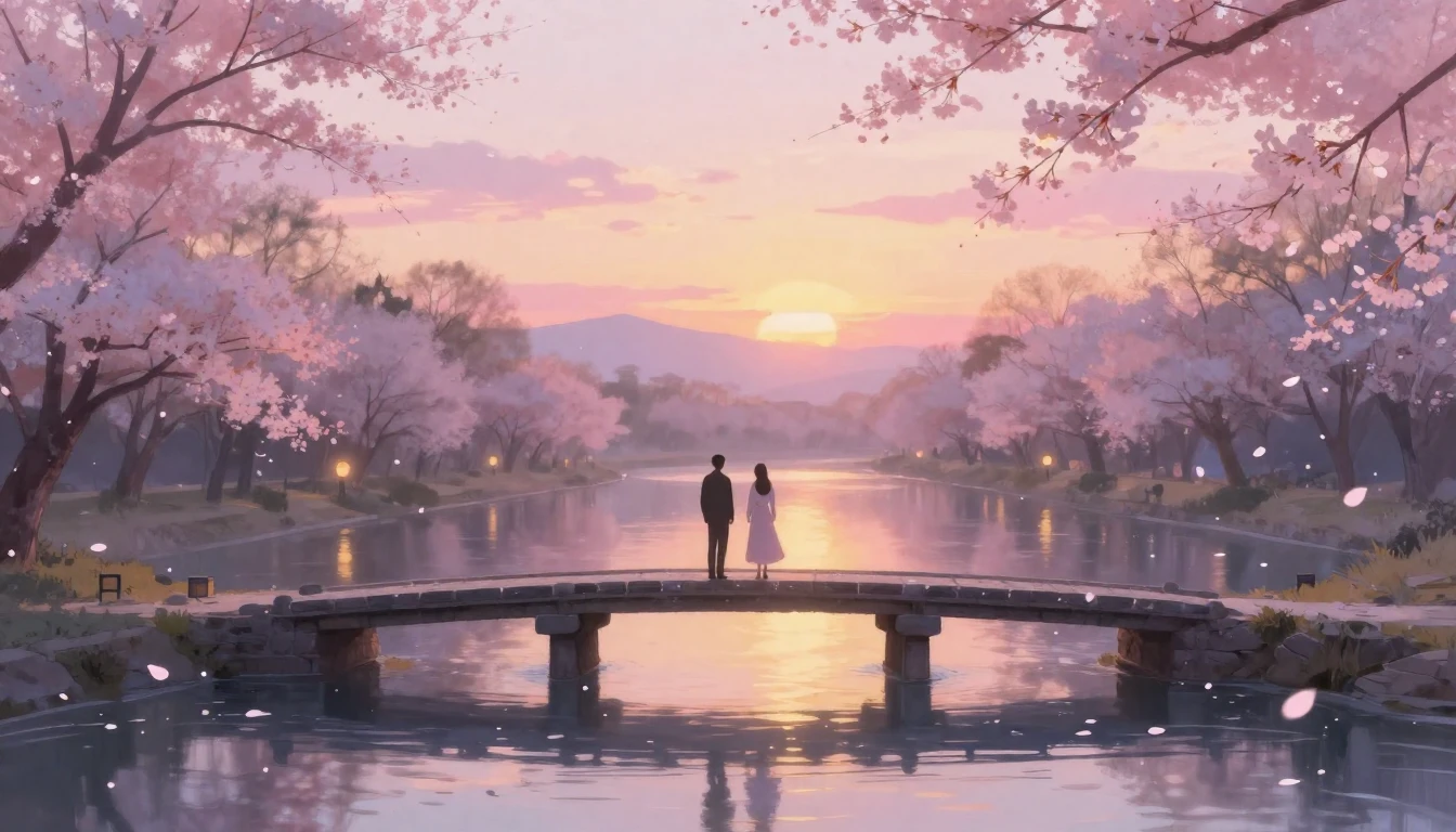 A dreamy and ethereal scene of two silhouettes standing on a...