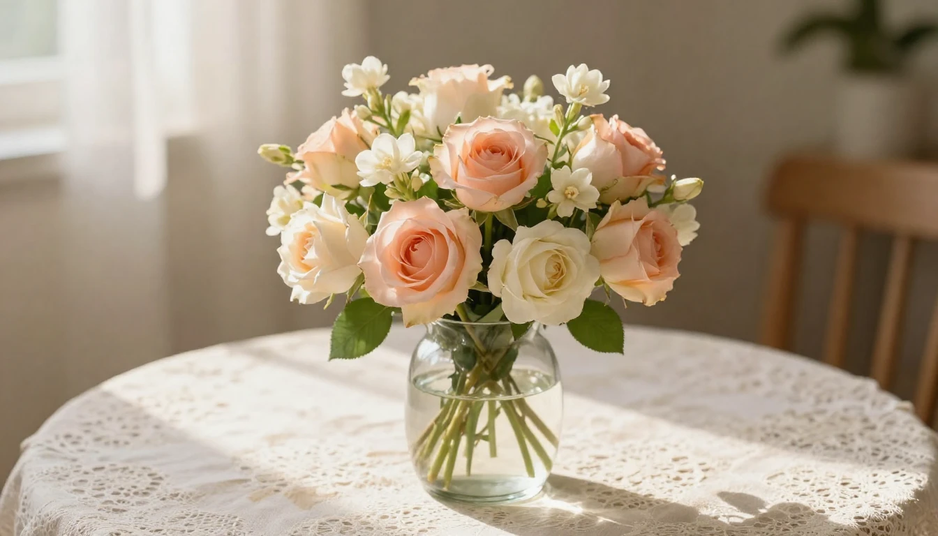 A delicate arrangement of blooming roses and jasmine in a so...