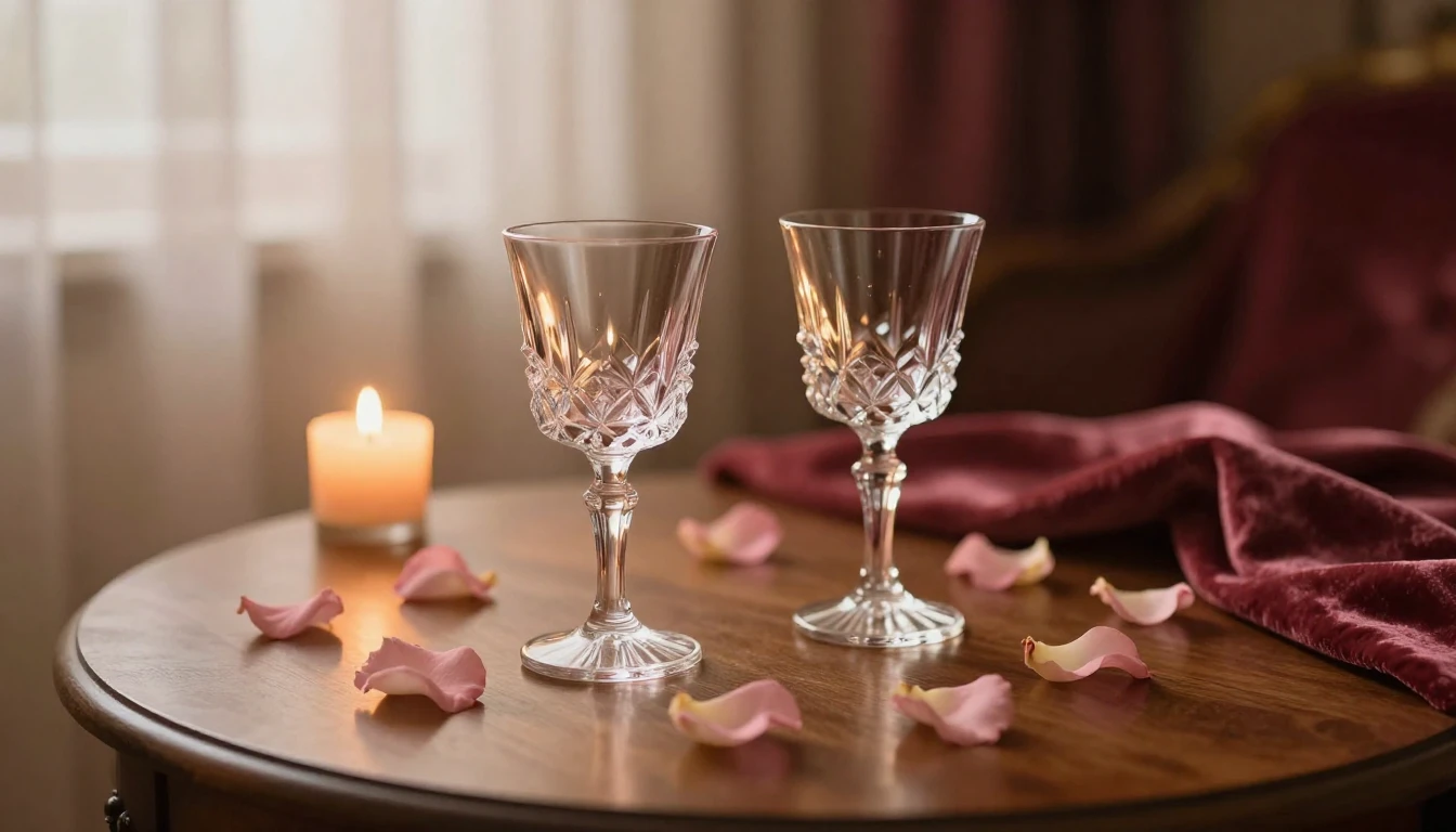 A serene and romantic scene featuring two elegant crystal gl...