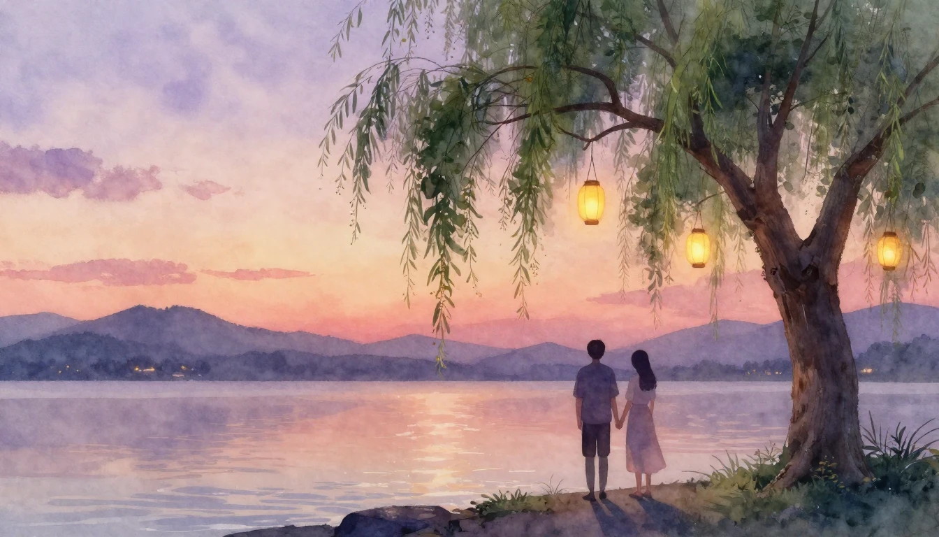 A romantic watercolor painting of a serene lakeside at sunse...