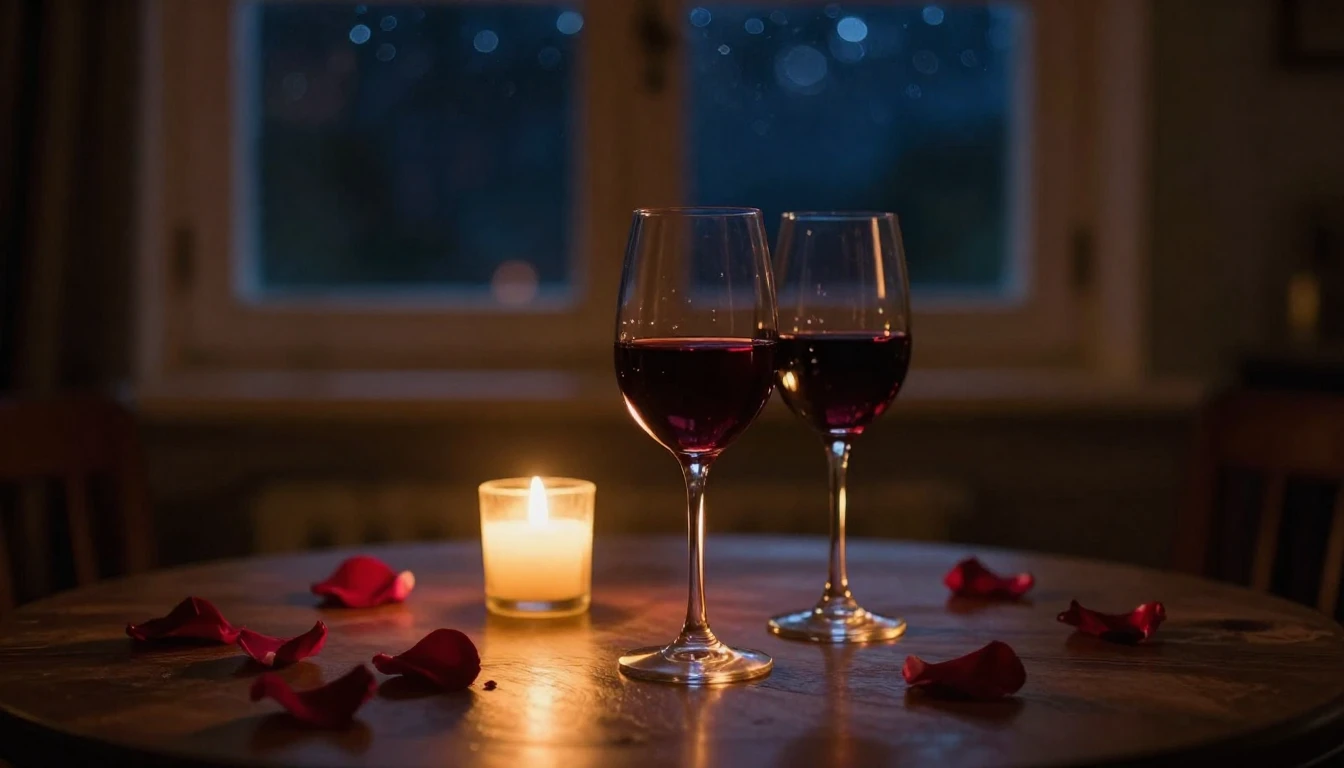 A cozy, dimly lit room during a quiet evening. On a wooden t...