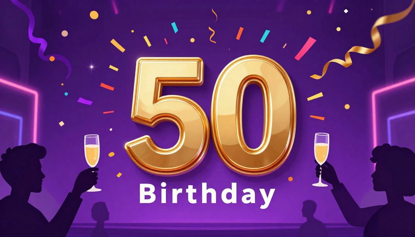 A vibrant and festive album cover design for a 50th birthday...