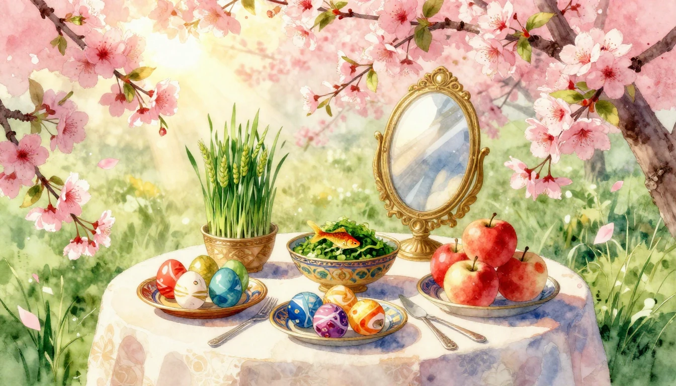 A beautiful, vibrant watercolor painting celebrating Nowruz ...