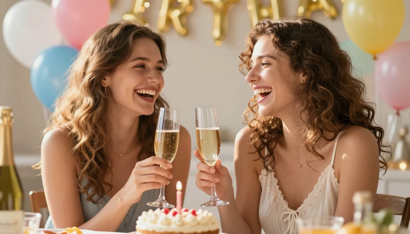 A warm and celebratory image featuring two young women laugh...