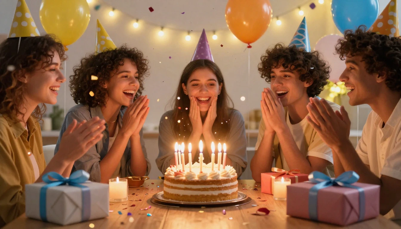 A vibrant and festive birthday celebration scene focusing on...