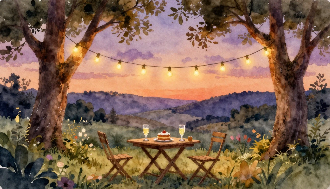 A soft watercolor painting of a cozy outdoor garden party at...