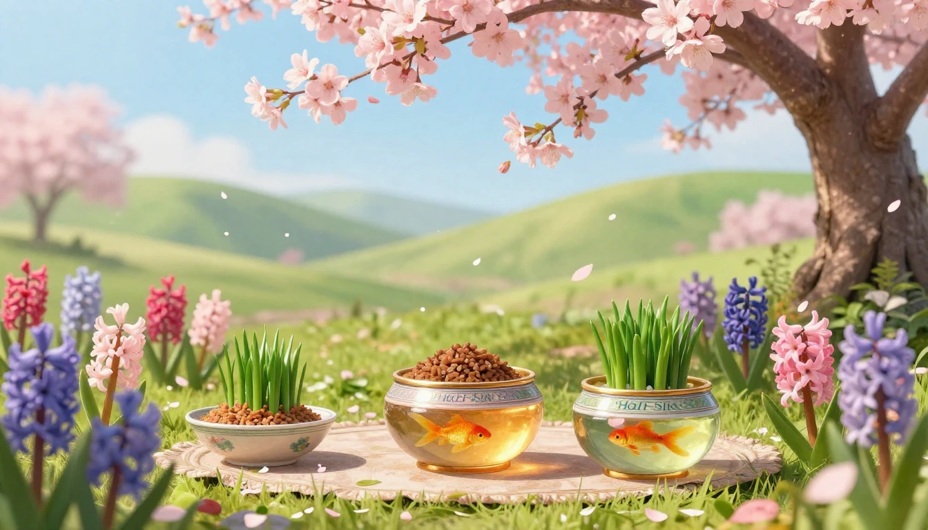 A lush and vibrant spring landscape featuring a traditional ...