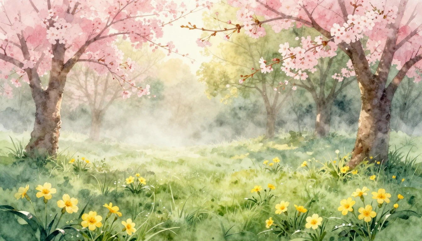 A delicate watercolor painting of a lush meadow at dawn duri...