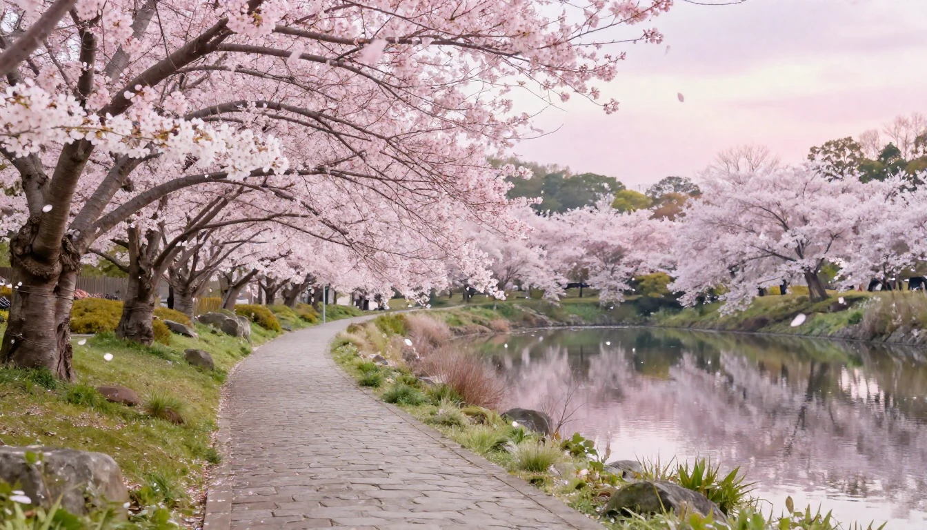 A serene landscape during peak cherry blossom season. A wind...