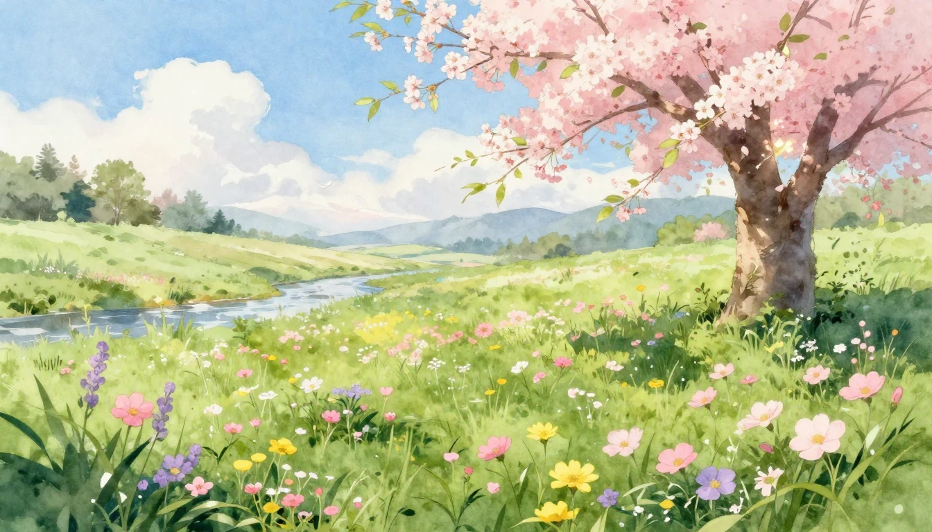 A beautiful watercolor painting of a lush green meadow fille...