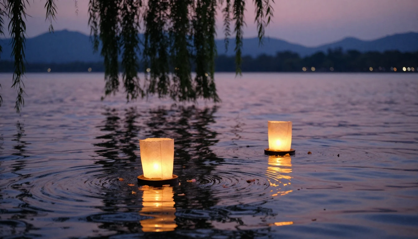 A beautiful and delicate scene featuring two glowing lantern...
