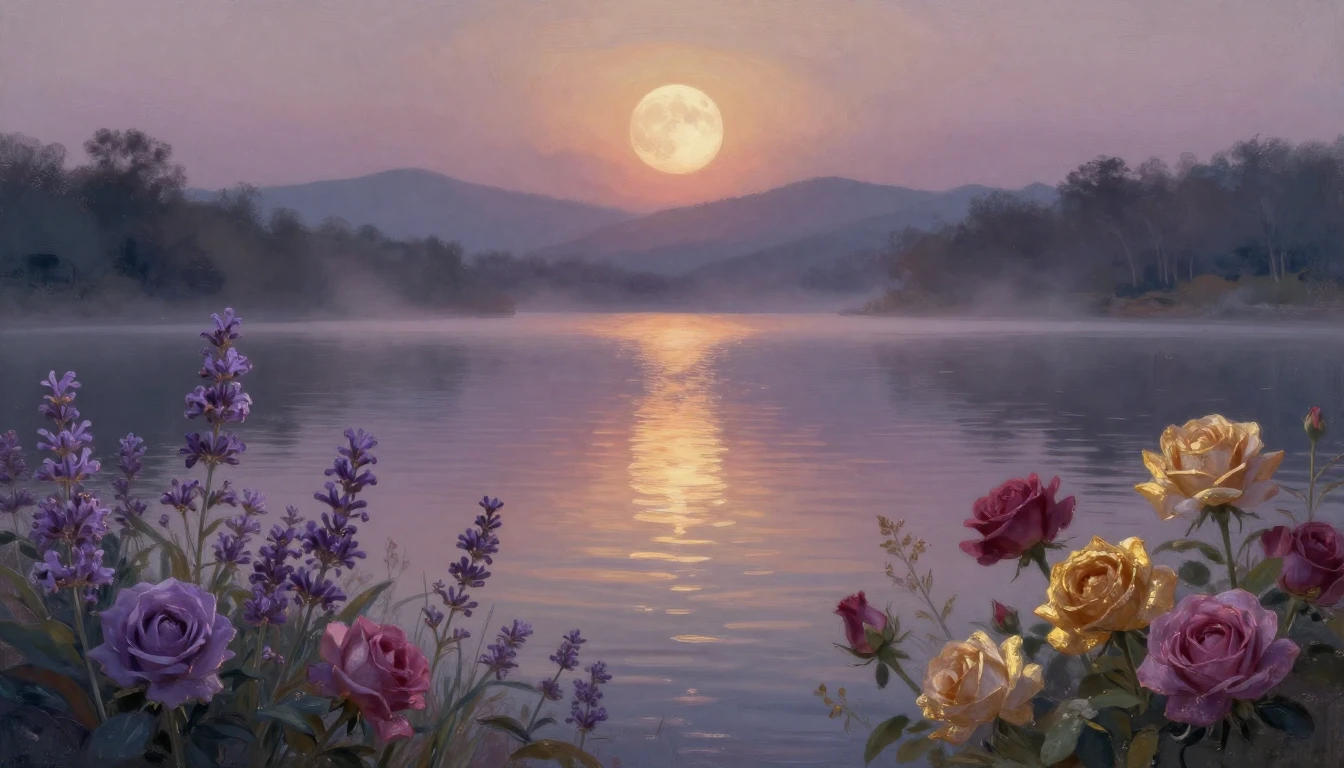 A serene evening landscape by a calm lake reflecting the sof...