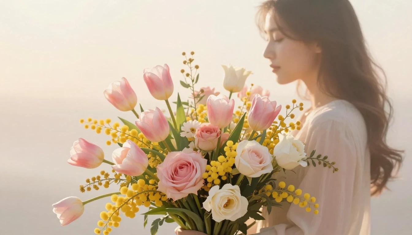 A romantic and gentle composition featuring a large, lush bo...