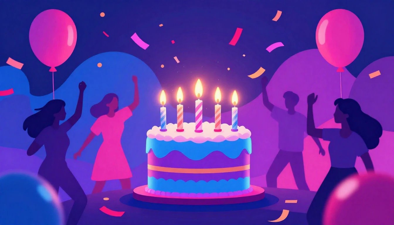 A vibrant and festive birthday party scene in a glowing neon...